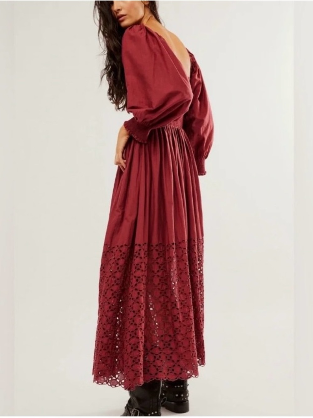 Free People “The Perfect Storm” Midi Dress Eyelet Smocked Cotton Burgundy Size L - Picture 2 of 11